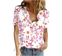Chemise Femme Coton Lin Chic et Élégant Casual Chemisier Confortable T-Shirt Baggy Tops Manche Courte Shirt Blouse Ample Col V Boutons T Shirt avec Poches Grande Taille Pas Cher