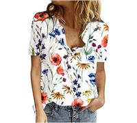 Chemise Femme Coton Lin Chic et Élégant Casual Chemisier Confortable T-Shirt Baggy Tops Manche Courte Shirt Blouse Ample Col V Boutons T Shirt avec Poches Grande Taille Pas Cher