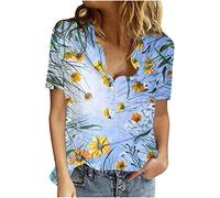 Chemise Femme Coton Lin Chic et Élégant Casual Chemisier Confortable T-Shirt Baggy Tops Manche Courte Shirt Blouse Ample Col V Boutons T Shirt avec Poches Grande Taille Pas Cher
