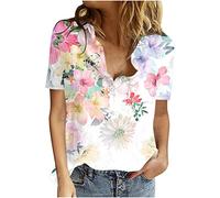 Chemise Femme Coton Lin Chic et Élégant Casual Chemisier Confortable T-Shirt Baggy Tops Manche Courte Shirt Blouse Ample Col V Boutons T Shirt avec Poches Grande Taille Pas Cher