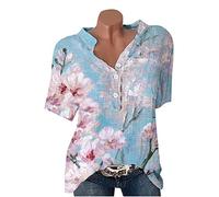 Chemise Femme Coton Lin Chic et Élégant Casual Chemisier Confortable T-Shirt Baggy Tops Manche Courte Shirt Blouse Ample Col V Boutons T Shirt avec Poches Grande Taille Pas Cher