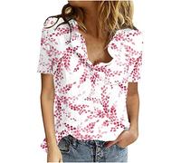 Chemise Femme Coton Lin Chic et Élégant Casual Chemisier Confortable T-Shirt Baggy Tops Manche Courte Shirt Blouse Ample Col V Boutons T Shirt avec Poches Grande Taille Pas Cher