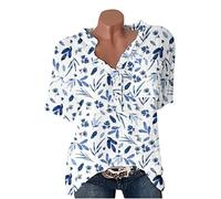 Chemise Femme Coton Lin Chic et Élégant Casual Chemisier Confortable T-Shirt Baggy Tops Manche Courte Shirt Blouse Ample Col V Boutons T Shirt avec Poches Grande Taille Pas Cher