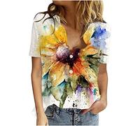 Chemise Femme Coton Lin Chic et Élégant Casual Chemisier Confortable T-Shirt Baggy Tops Manche Courte Shirt Blouse Ample Col V Boutons T Shirt avec Poches Grande Taille Pas Cher