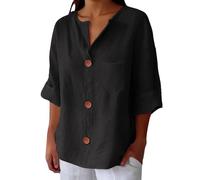 Chemise Femme Coton Tunique Chic Et Elegant Col en V Tee Shirt Manche 3/4 à Manches Courtes Grande Taille Noir Doublure GlacièRe Lecture Domestique