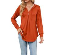 Chemise Femme Décontractée Col V Manches Longues Blouse Ample Unie à Capuche Boutonnée Haut Tendance
