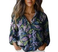 Chemise Femme d'Été Élégante, Chemisier en Lin Curvy Chemise à Fleurs Manches Longues de la Mode Blouse Col en V Élégantes Chemises à Boutons Imprimé Floral Lâche Chemises Décontractées Chemises