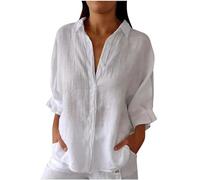 Chemise Femme D'éTé Haut Chic Et ÉLéGant Coton Lin T-Shirt Manche Longue Col en V Chemisier Tops avec Boutons DéContractéS Ample Blouse Lâche Respirant Chemisiers et Blouses Grande Taille Soldes
