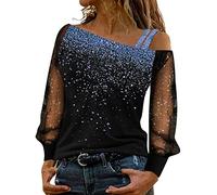 Chemise Femme Élégante avec Paillettes pour Cérémonie Tops en Dentelle Manches Longues T-shirt avec Glitter Sexy Grandes Tailles Blouse à Sequins Maille de Soirée pour Femmes en Or pour les Fêtes et