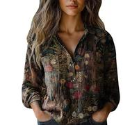 Chemise Femme Élégante d'Été, Blouse en Lin pour Femme en Forme de Courbe avec Manches Longues, Fleurie, Mode, Blouse avec Col en V, Chemises Élégantes avec Boutons, Impression Florale, Décontractée