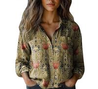 Chemise Femme Élégante d'Été, Blouse en Lin pour Femme en Forme de Courbe avec Manches Longues, Fleurie, Mode, Blouse avec Col en V, Chemises Élégantes avec Boutons, Impression Florale, Décontractée