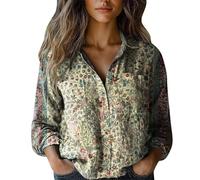 Chemise Femme Élégante d'Été, Blouse en Lin pour Femme en Forme de Courbe avec Manches Longues, Fleurie, Mode, Blouse avec Col en V, Chemises Élégantes avec Boutons, Impression Florale, Décontractée