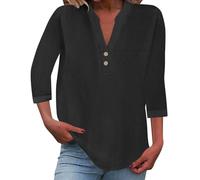 Chemise Femme en Coton Lin Confortable Col en V Élégant T-shirt d'Été Décontracté Léger Chemises en Coton Bureau Travail Plage Top Mode Printemps Vintage Vacances Chemise en Lin, Noir , XXXL