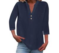 Chemise Femme en Coton Lin Confortable Col en V Élégant T-shirt d'Été Décontracté Léger Chemises en Coton Bureau Travail Plage Top Mode Printemps Vintage Vacances Chemise en Lin, Marine militaire