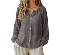 Chemise Femme Été Coton Lin Léger Manches Ballon Boutonnée Col Rond Ample Vintage Bohème Haut Fluide Protection Solaire Vacances Plage Voyage Tenue Décontractée Chic