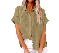 Chemise Femme Été Manches Courtes Chemisier Chic Et Élégant Coton Lin Blouse Couleur Unie Bouton Bas Hauts Décontracté Revers Plissée Tops