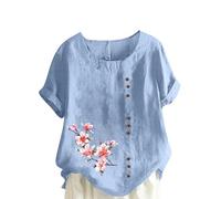 Chemise Femme Imprimé Fleurs Longue Tee Shirt Été Tunique en Coton et Lin Chic Manches Courtes Chemisier Ample T-Shirt avec Boutons Grande Taille Col Rond Blouse Léger et Respirant T Shirt Hauts