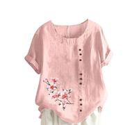 Chemise Femme Imprimé Fleurs Longue Tee Shirt Été Tunique en Coton et Lin Chic Manches Courtes Chemisier Ample T-Shirt avec Boutons Grande Taille Col Rond Blouse Léger et Respirant T Shirt Hauts