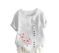 Chemise Femme Imprimé Fleurs Longue Tee Shirt Été Tunique en Coton et Lin Chic Manches Courtes Chemisier Ample T-Shirt avec Boutons Grande Taille Col Rond Blouse Léger et Respirant T Shirt Hauts