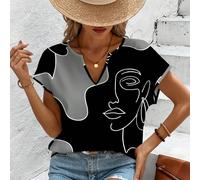 Chemise femme imprimée de portrait abstrait minimaliste et décontracté avec ligne L,M,S,XLBlocs de couleur,Portrait,UnicoloreTissu tissé