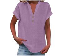 Chemise Femme Lin Chemisier Coton et Lin pour Femmes Manches Courtes Tee Shirt Couleur Unie Top Lâches Hauts T-Shirt Grande Taille Blouses Chic et Élégant Tunique Décontractée Haut
