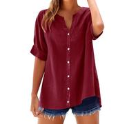 Chemise Femme Lin Grande Taille Chemisier Coton Et Lin pour Femmes Col en V Bouton Manches 3/4 Longues Tops Couleur Unie Lâche Respirant T-Shirts Eté Chic Et élégant Casual Tunique Femme Pas Cher