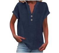 Chemise Femme Lin Grande Taille Chemisier Coton Et Lin pour Femmes Col en V Bouton Manches Courtes Tops Couleur Unie Lâche Respirant T-Shirts Chic Et élégant Ventes Flash de Printemps Eté Tunique