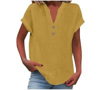 Chemise Femme Lin Grande Taille Chemisier Coton Et Lin pour Femmes Col en V Bouton Manches Courtes Tops Couleur Unie Lâche Respirant T-Shirts Chic Et élégant Ventes Flash du Jour Tunique Cadeau