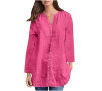 Chemise Femme Manches Longues en Lin Chic Couleur Unie Col en V Bouton Lâche Décontracté Léger Respirant T-Shirt Flottant Élégant Long Blouse Tops pour Bureau Sortie et Événement Décontracté