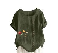 Chemise Femme Oversize Coton et Lin Blouse Chic et Élégant Été T-Shirt Imprimé Fleurs Tee Shirt Grande Taille Chemisier Tunique Manches Courtes Col Rond T Shirt avec Boutons Respirant Longue Haut