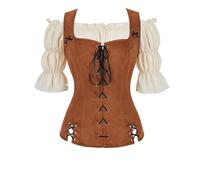 Chemise Femme Pirate Gilet Veste Set 2 pièces Vintage Gothique Victorien Retro Victoria déguisement Lace-up Waistcoat Cosplay Tenue Brun 3XL