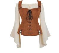Chemise Femme Pirate Gilet Veste Set 2 pièces Vintage Gothique Victorien Retro Victoria déguisement Lace-up Waistcoat Cosplay Costume Brun S