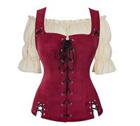 Chemise Femme Pirate Gilet Veste Set 2 pièces Vintage Steampunk Gothique Victorien Retro déguisement Lace-up Waistcoat Cosplay Halloween Vin Rouge M