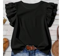 Chemise femme style minimaliste décontracté, col rond noir, manches à double volant. Polyvalente pour le début de l'automne L,M,S,XL,XS,XXLUnicoloreTissu tissé