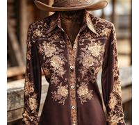 Chemise femme style western cowboy vintage marron à fleurs, coupe slim, fermeture à boutons devant, imprimé numérique 3D intégral, pour vacances prolongées printemps/été L,M,S,XL,XXLImprimés aléatoire