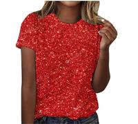 Chemise Femmes Brillant Métallisé Manches Courtes T Shirt Paillettes Grande Taille Dégradé de Couleur Blouse Coupe Ample Haut Casual Tunique Club Fête Tops Décontracté Brillante Sequins Étincelle
