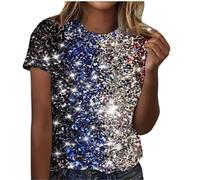 Chemise Femmes Brillant Métallisé Manches Courtes T Shirt Paillettes Grande Taille Dégradé de Couleur Blouse Coupe Ample Haut Casual Tunique Club Fête Tops Décontracté Brillante Sequins Étincelle