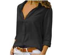 Chemise Fille Ouverte Elegant Hauts Manche Longue Fit Uni Leger col Rever Chemiser Femme Ete Boutons De Mousseline Noir