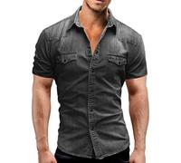 Chemise fine en denim à manches courtes en coton doux à deux poches pour homme