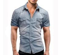 Chemise fine en denim à manches courtes en coton doux à deux poches pour homme
