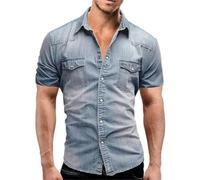Chemise fine en jean à manches courtes en coton doux avec deux poches pour homme, bleu clair, M