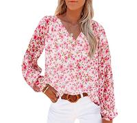 Chemise Fleurie Femme Blouse Col V Haut Femme Ete Chemisier Mousseline Femme Chic Chemise Manche Longue Fluide Ample Casual Large Femmes Blouse Tunique Manches Longues Été Femme Grande Taille Rose 3XL