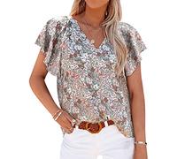 Chemise Fleurie Femme Blouse Manche Courte Col V Haut Volant Femme Ete Chemisier Femme Chic Et Élégant Chemise Oversize Ample Casual Decontracte Large Femmes Blouse Été Femme Grande Taille Gris M