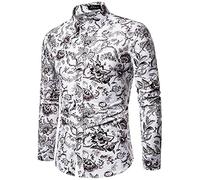 Chemise florale décontractée boutonnée à manches longues pour homme - Imprimé graphique vintage - Décontractée à manches longues - Chemises à fleurs colorées, blanc, L