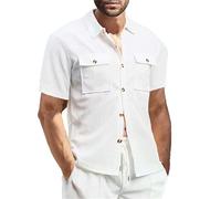 Chemise gaufrée à double poches pour homme - T-shirt d'été boutonné à manches courtes - Style décontracté - Couleur unie - Chemisier de plage, blanc, M