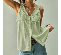 Chemise gilet sans manches style cottage core bohème décontractée, col en V, plis et boutons devant, vert sauge, été vacances L,M,S,XLUnicoloreTissu tissé