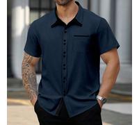 Chemise habillée décontractée d'été à manches courtes avec boutons pour hommes grande taille, bleu marine, style gentleman britannique pour escapade citadine, cadeau pour mari & petit ami, formel 2XL,