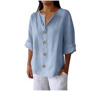 Chemise habillée en lin pour femme - Col en V - Manches 3/4 - Coupe ample - Haut d'été pour femme - Grande taille - Vêtements de détente - Tailles S à 5XL, 002♦ Bleu clair, 4X-Large