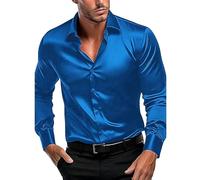 Chemise habillée pour homme adulte, chemise à manches longues en satin, chemise boutonnée brillante, coupe ajustée, sans repassage, chemise formelle infroissable pour fête de mariage, bleu, 3XL