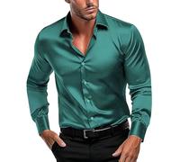 Chemise habillée pour homme adulte, chemise à manches longues en satin, chemise boutonnée brillante, coupe ajustée, sans repassage, chemise formelle infroissable pour fête de mariage, Vert, S
